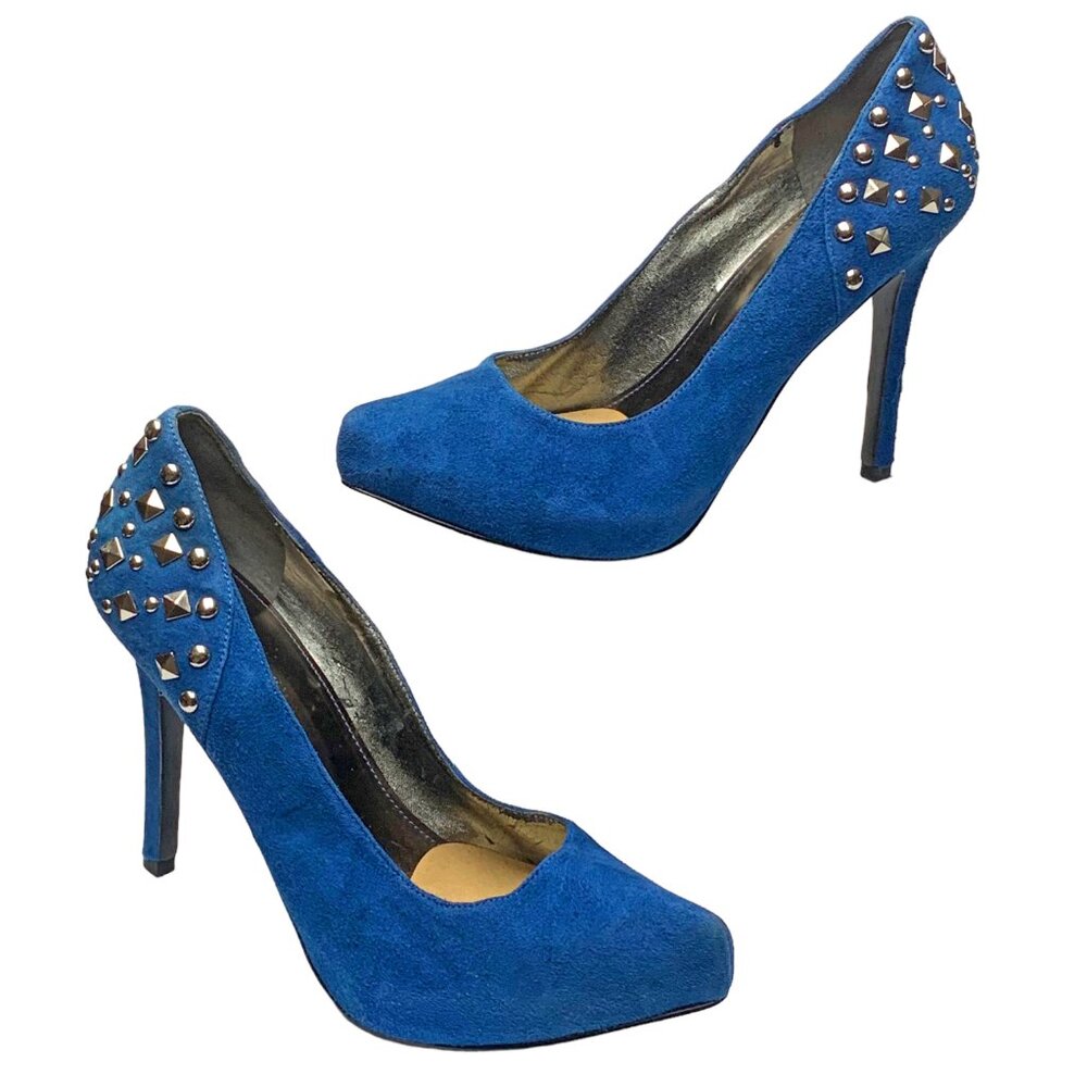 MARC FISHER Cobalt Blue Suede Studded Almond‎ Toe Stilettos